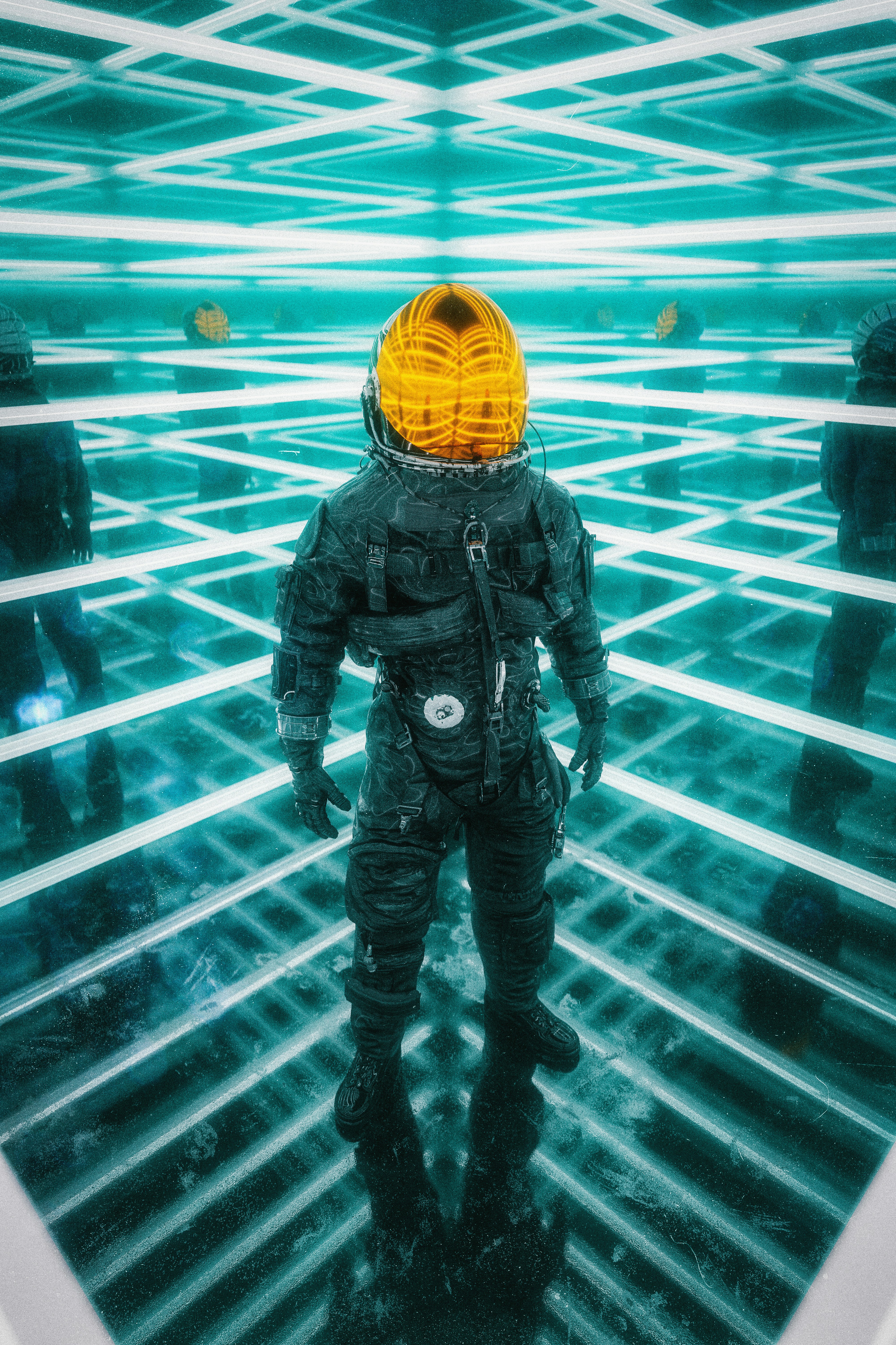 Astronaut surrounded by masks