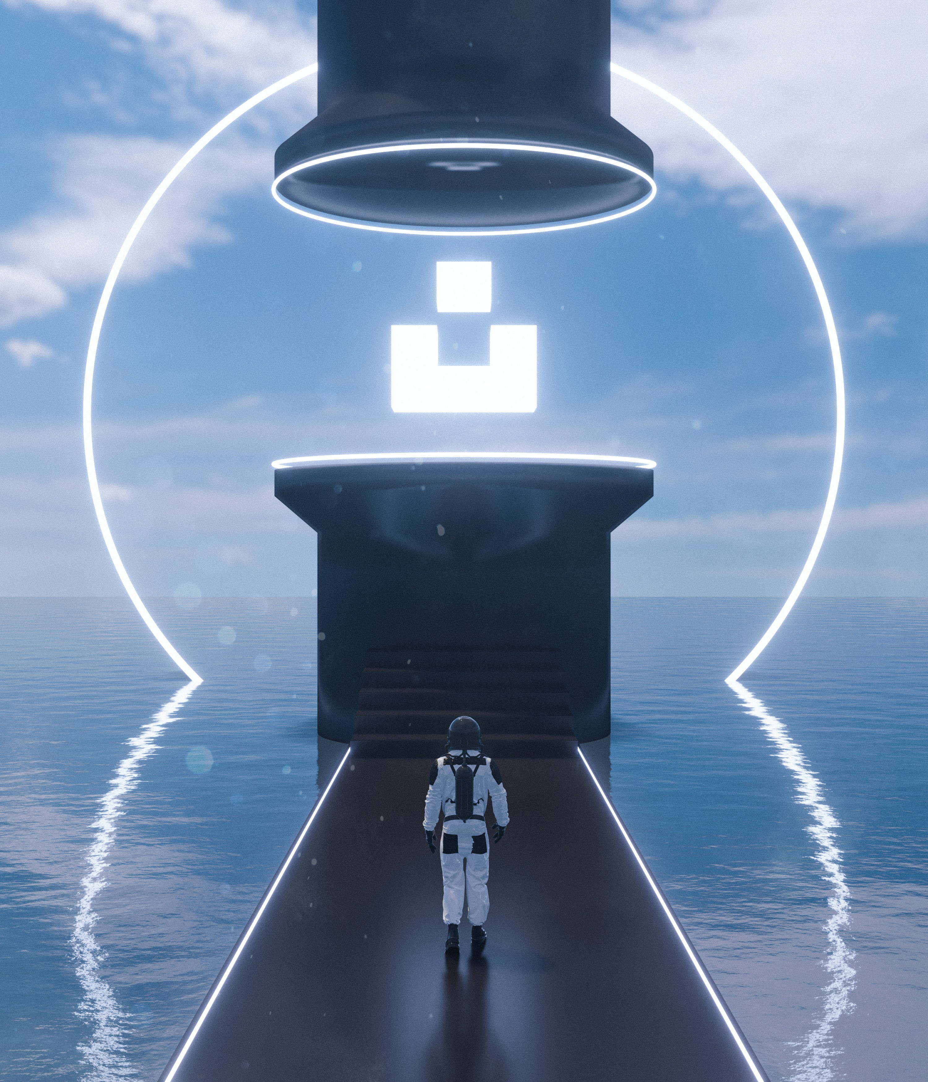 Astronaut facing glowing circles